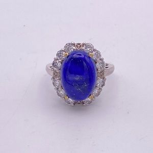 Lapis Lazuli and Simulated Diamond Ring; 925 Sterling Silver; Size 7